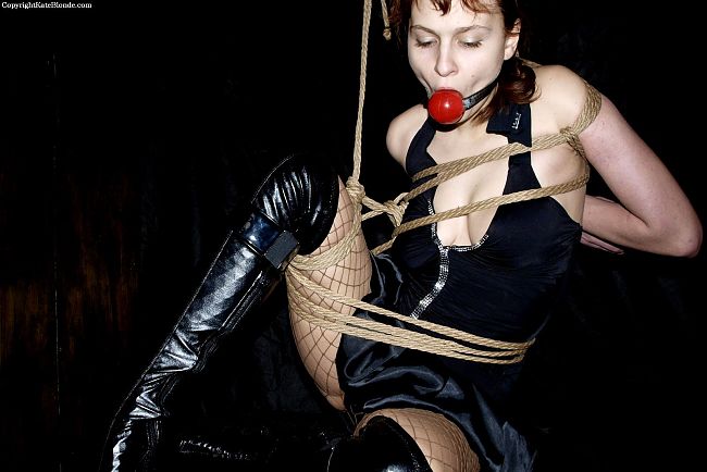 Alina Suspended in Thigh High Boots, Fishnets, Leather & Ball Gagged
